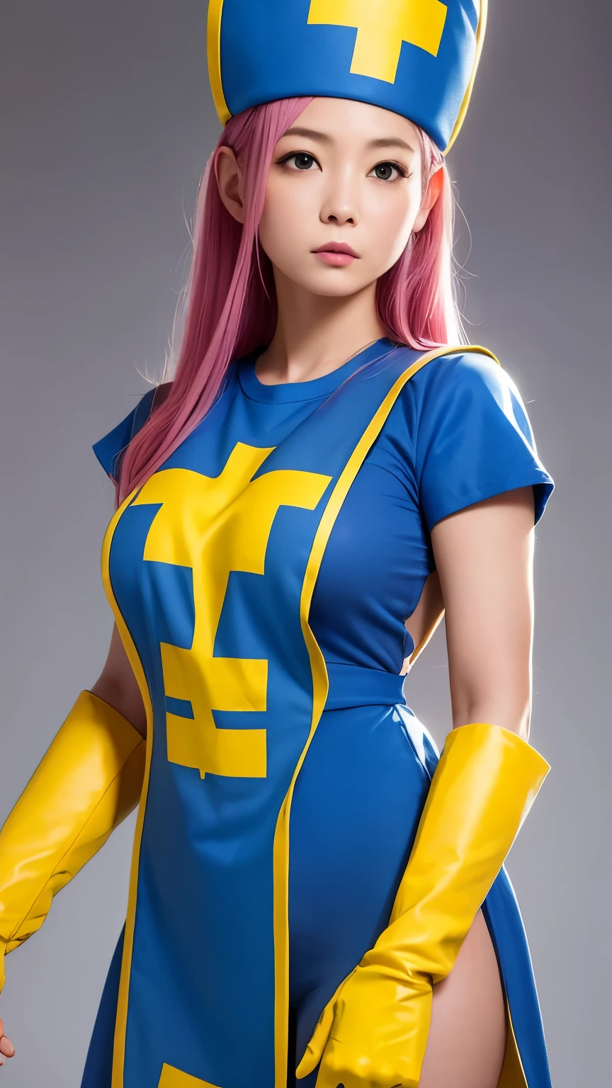 masterpiece、 High Quality 、 High Definition、 realistic、Professional Lighting、 Japanese 、woman、 cute、young、 white skin、thin、Big Breasts、sideboob、 female monk costume from Dorakue III、 red eyes、 long pastel blue hair 、blue priest hat、Only blue tabards wear 、Yellow cross print 、 yellow elbow gloves、anatomically accurate、simple background