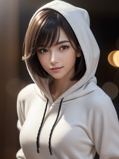 (8k, RAW Photos, highest quality, Tabletop:1.2), (Realistic, Photorealistic:1.4), (Highly detailed 8k wallpaper), Sharp focus, Depth of written boundary, Blur the background, bokeh, Cinema Lighting, Soft Light, (whole body), 1 girl,18 years old famous Japanese idol, Perfect female body, indoor, (White and grey camouflage hoodie and black micro mini pleated skirt : 1.3), (Long, Slender legs), (smile), Glossy lips, Beautiful fine details,Natural Makeup, Shiny and smooth light brown short bob hair, Asymmetrical bangs, Shiny skin, Center image, High resolution, Attention to detail, Detailed hairstyle, Detailed face, Amazing Cinema Lighting, Octane Rendering, Vibrant,  Ultra-realistic, Perfect limbs, Perfect Anatomy