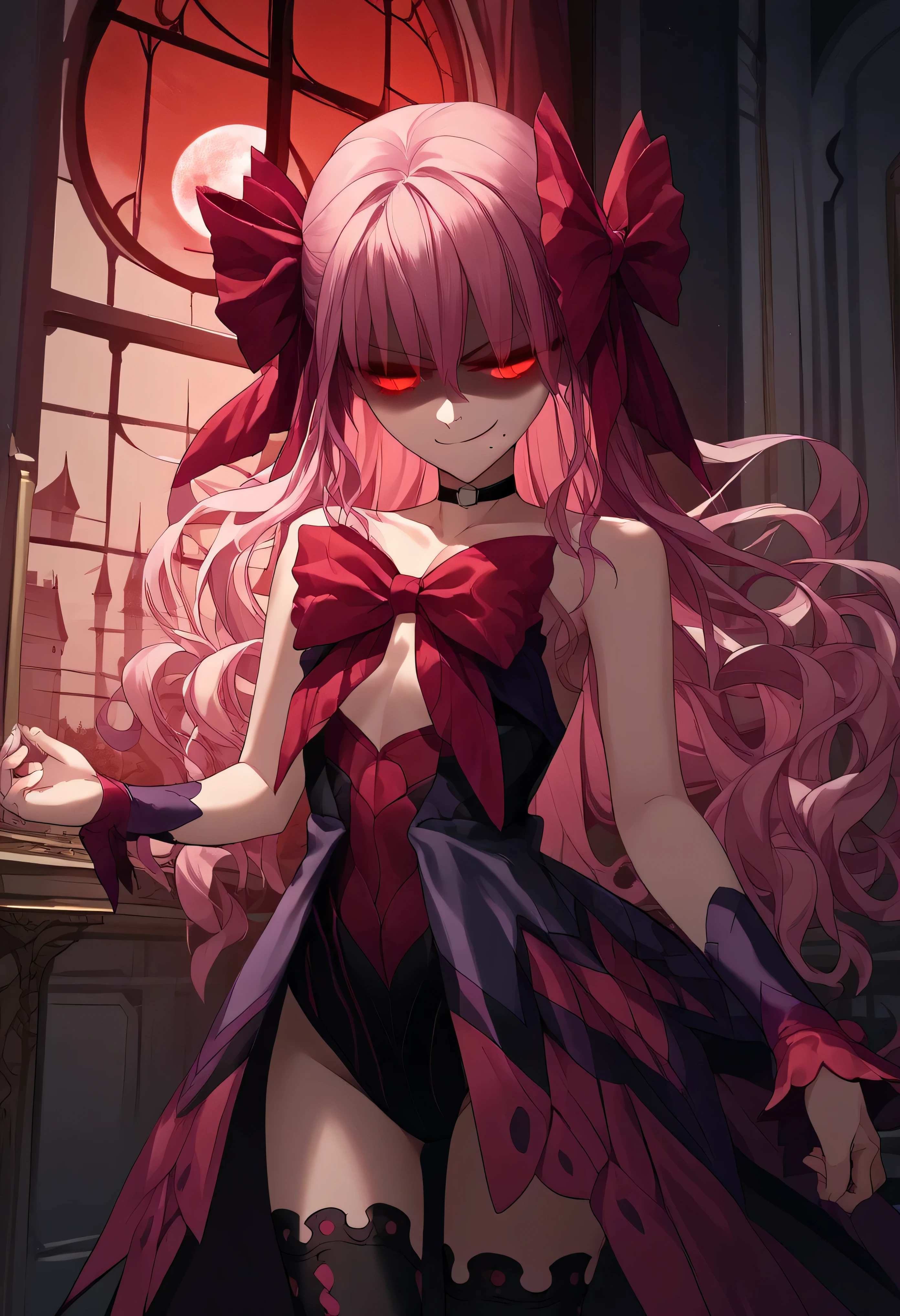 1girl, really long hair, pink hair, red eyes, mole under mouth, hair bow, choker, ribbon, leotard, center opening, bare shoulders, black thighhighs, wrist cuffs, laying, standing, cowboy shot, indoors, gothic, bedroom, castle, window, red moon score_9, score_8_up, score_7_up, score_6_up, score_5_up, score_4_up, BREAK source_anime, masterpiece,shaded face(eyes in shadow),very evil smirk, 