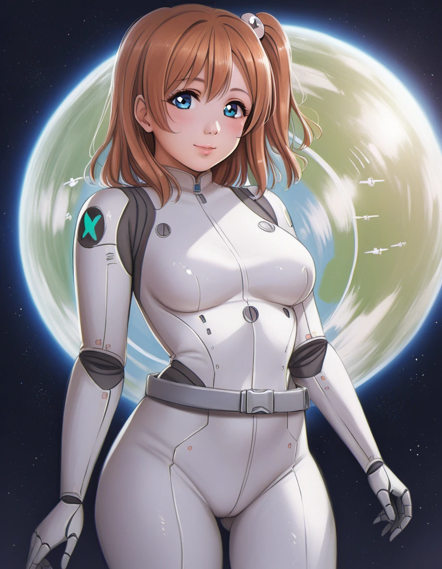 (Masterpiece, Best Quality, High Quality), anime style, love live, honoka kousaka, (blue eyes), brown hair, kousaka honoka, medium hair, 8k wallpaper,looking_at_viewer, perfect shadow, beautiful,cozy , p4l0m4, cowboy shot, scientific bodysuit,silver belt, from side , posing, sharp robotic breasts, thighs,in space ship, gluteal fold