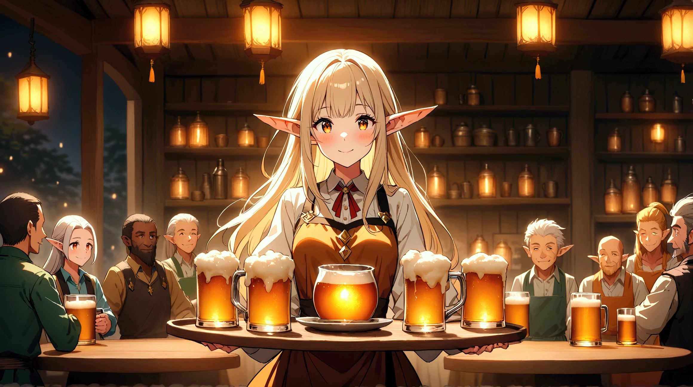 anime fantasy bar。 with long hair fluttering 、Illustration of a single young woman with sharp ears set in a 、 the focus is on a cheerful elf waitress wearing a traditional tavern costume。 she carries a large tray filled with beer 、 surround a round wooden table While handing out mugs to various customers 、 have warm smiles 。In the background、human、 dwarf、 various races such as elves gather 、 depicts a bar where people have lively conversations 。 The lanterns and large hearth emit warm light and 、 and are wrapped in a soft and comfortable atmosphere 。 and 、Soft brown 、gold、 orange is mixed and 、 reflecting the time of twilight 。