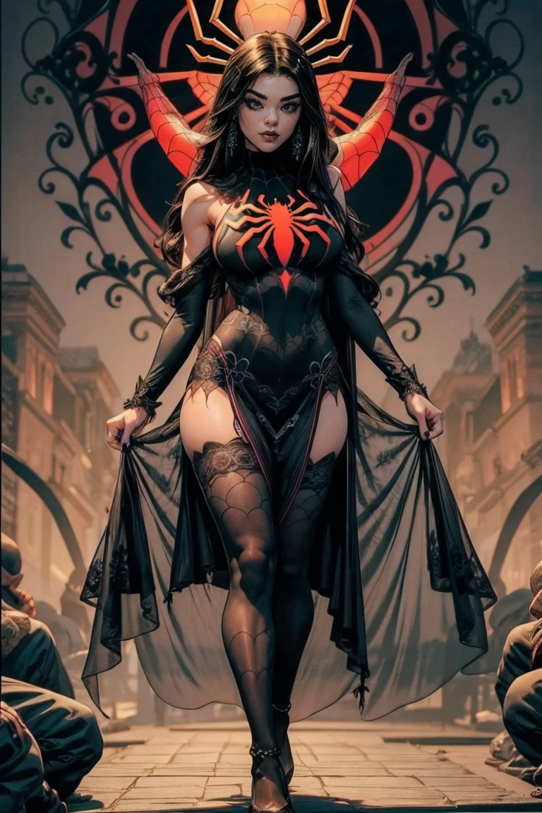 a solo beautiful asian girl, big tits, sexy ripped batman outfit, detailed, pretty, (dark city background), (night sky), black ripped corset detailed dress, (masterpiece), (good anatomy), ( spiderman venom mask), black hood, ((her clothes are burning in spots and her breasts are visible)), high heels, detailed head, ((venom)), burn, fire burning, black sticky slime everywhere
