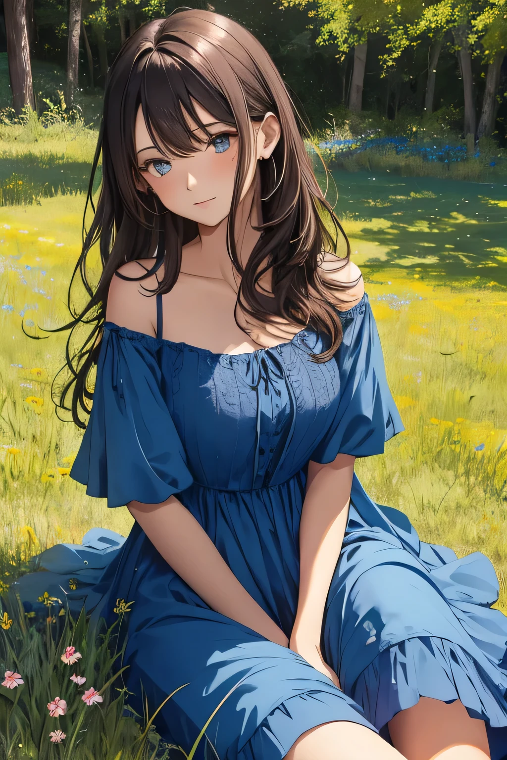 Picture her in a flowing, azure blue dress that catches the sunlight. Her eyes are a deep, expressive brown, and her hair, a cascading chestnut. Imagine her sitting gracefully on the edge of a tranquil grassy field, with wildflowers dancing in the breeze. The setting sun paints the sky in warm hues, creating a serene atmosphere. 
