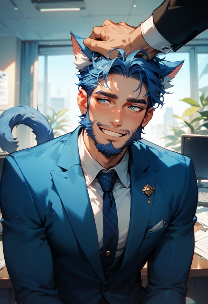 score_9, score_8_up, score_7_up, score_6_up, solo focus, 1man, mature male, blue cat ears, blue cat tail, (blue beard:1.3), slender, short hair, blue hair, blue eyes, receiving a head pat at the office, wearing a formal suit, smiling, blushing