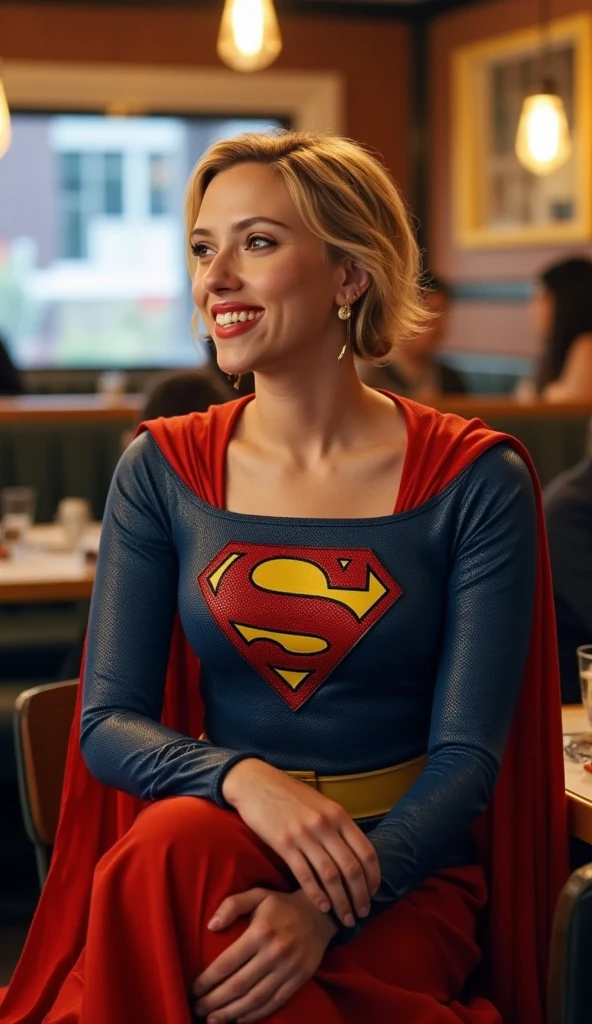 Scarlett Johansson dressed as Supergirl, smiling,  sitting on a restaurant chair