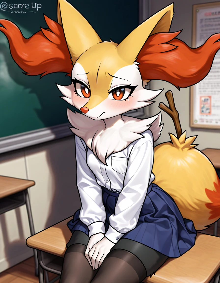 ( highly detailed ) Hot young furry anime anthro fur anthropomorphic score_9, score_8_up, score_7_up, source_furry, (detailed eyes, beautiful eyes, black pupils, pupils)1.2, (beautiful, detailed background, very aesthetic, digital artwork, digital art, well shaded artwork, depth)1.2, 1girl, female, furry, anthro, braixen, fluffy, detailed fluffy fur, classroom setting, student attire, schoolgirl, blue skirt, white blouse, stockings, clothed, clothing