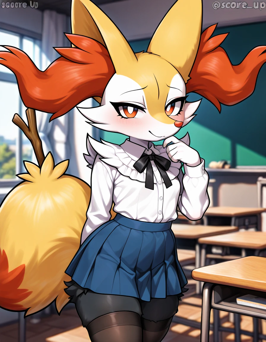 ( highly detailed ) Hot young furry anime anthro fur anthropomorphic score_9, score_8_up, score_7_up, source_furry, (detailed eyes, beautiful eyes, black pupils, pupils)1.2, (beautiful, detailed background, very aesthetic, digital artwork, digital art, well shaded artwork, depth)1.2, 1girl, female, furry, anthro, braixen, fluffy, detailed fluffy fur, classroom setting, student attire, schoolgirl, blue skirt, white blouse, stockings, clothed, clothing