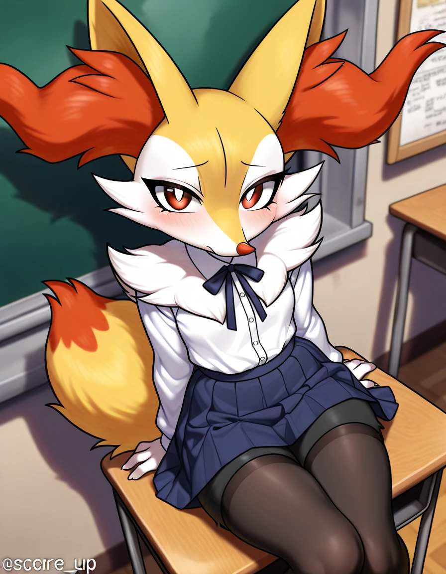 ( highly detailed ) Hot young furry anime anthro fur anthropomorphic score_9, score_8_up, score_7_up, source_furry, (detailed eyes, beautiful eyes, black pupils, pupils)1.2, (beautiful, detailed background, very aesthetic, digital artwork, digital art, well shaded artwork, depth)1.2, 1girl, female, furry, anthro, braixen, fluffy, detailed fluffy fur, classroom setting, student attire, schoolgirl, blue skirt, white blouse, stockings, clothed, clothing