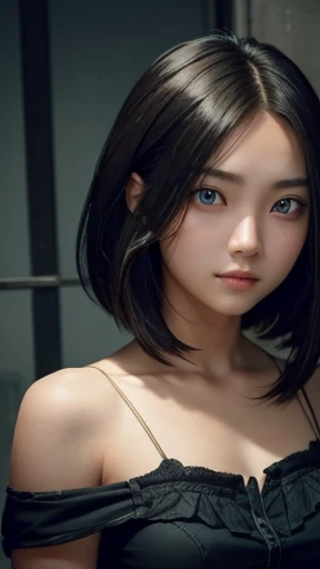 a girl who has short, beautiful shoulder-length hair and eyes that have the impression of a sharp gaze and has a cheeky and indifferent facial gesture
