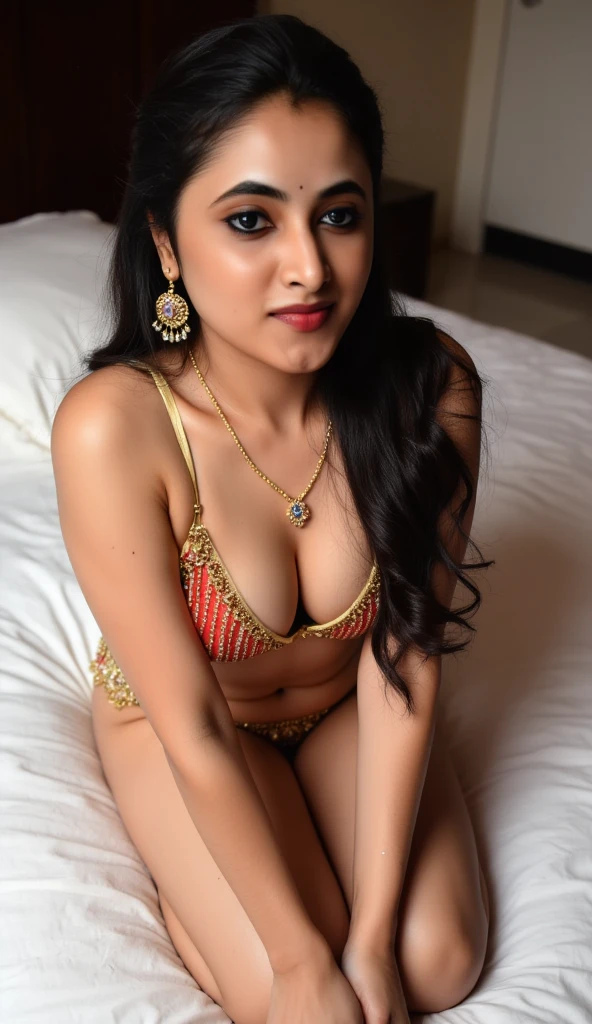 She's Indian wife, she's knees on the bedroom, she's wearing a sexy bikni, camera angle top and wide shot, she's smiling at viewer, she's fully wet, mangala sutra on her neck, her face reaction is sexy and slutty look, bright red lipstick, , 