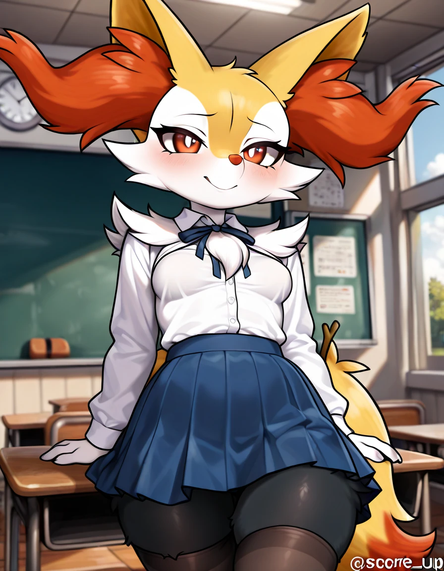 ( highly detailed ) Hot young furry anime anthro fur anthropomorphic score_9, score_8_up, score_7_up, source_furry, (detailed eyes, beautiful eyes, black pupils, pupils)1.2, (beautiful, detailed background, very aesthetic, digital artwork, digital art, well shaded artwork, depth)1.2, 1girl, female, furry, anthro, braixen, fluffy, detailed fluffy fur, classroom setting, student attire, schoolgirl, blue skirt, white blouse, stockings, clothed, clothing horny view ass is big her breasts big HD real photo 8K she shaped her waist thin she looks very young her chest is very big she curves her face looks very young and thin she looks young