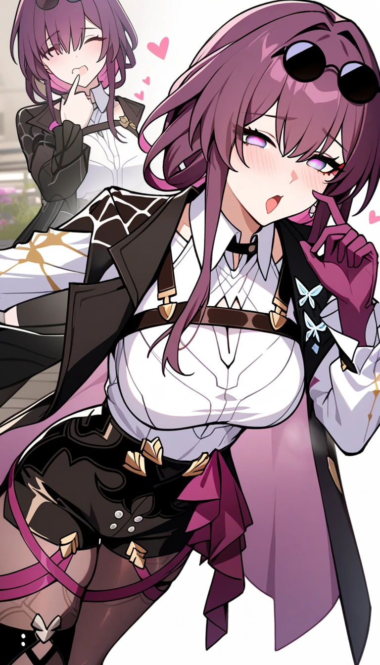 masterpiece, Top Quality, very beautiful , absurd, Latest, 1 girl, upper body,,open_mouth, fellatio_ gestures ,FellatioGesture,heart-shaped eye,,Kafka_(hOnkai:_star_rail), hOnkai:_star_rail, hOnkai_(series), 1 girl, arm_belt, Asymmetric_ legwear, belt, black_ jacket, black_ shorts, boots, Chest, butterfly _ ornament, collared_ shirt, eyewear_On_head, gloves, hair_ between queen _eye, high waist _ shorts, jacket, Knee_ boots, big_Chest, lOng_hair, Multiple_belts, open_close, open_ jacket, pantyhose , pantyhose _Down_ shorts, Purple _eye, Purple _ gloves, Purple _hair, Purple _ pantyhose , round_ eyewear, shirt, short_ shorts, shorts, side lock , Sunglasses , white_ shirt,, Flowers ,eyeがハート