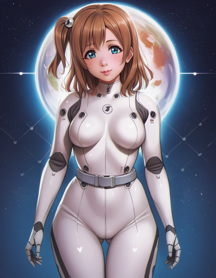 (Masterpiece, Best Quality, High Quality), anime style, love live, honoka kousaka, (blue eyes), brown hair, kousaka honoka, medium hair, 8k wallpaper,looking_at_viewer, perfect shadow, beautiful,cozy , p4l0m4, cowboy shot, scientific bodysuit,silver belt, posing, sharp robotic breasts, thighs,in space ship, gluteal fold