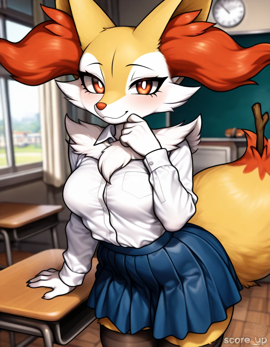 ( highly detailed ) Hot young furry anime anthro fur anthropomorphic score_9, score_8_up, score_7_up, source_furry, (detailed eyes, beautiful eyes, black pupils, pupils)1.2, (beautiful, detailed background, very aesthetic, digital artwork, digital art, well shaded artwork, depth)1.2, 1girl, female, furry, anthro, braixen, fluffy, detailed fluffy fur, classroom setting, student attire, schoolgirl, blue skirt, white blouse, stockings, clothed, clothing horny view ass is big her breasts big HD real photo 8K she shaped her waist thin she looks very young her chest is very big she curves her face looks very young and thin she looks young