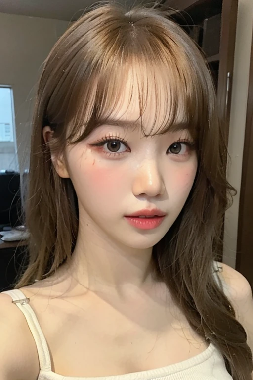 (((sfw:1.5)))、((Near the huge summer pool)), Real、8k、 ((Anatomically correct)), 18-year-old、1 female、round face、Baby Face、Cute Smile、Huge valley、 A close-up of her face:0.6, Top quality soft lighting, ((realistic perfectly round brown_eye:1.3、Big Eyes、Dripping eye)), (Light pale complexion), ((Detailed pupils:1.4)), (Perfect Makeup:1.3), (Symmetrical lips:1.3)),(Bright shiny red_lipstick:1.35), ((Blue eyelashes: 1.17)), (Very detailed, Beautiful little nose:1.2), (Perfect composition), ((Sunburned skin:1.28)), ((Oily skin)), ((The blackYshirt, The blackチューブトップブラジャー) , The background is simple and blue, The gaze is directed downwards at a low angle、 (((Anatomically correct)))、(Perfect Body Proportions)、(Natural Hands、Natural Fingers、Natural Legs)