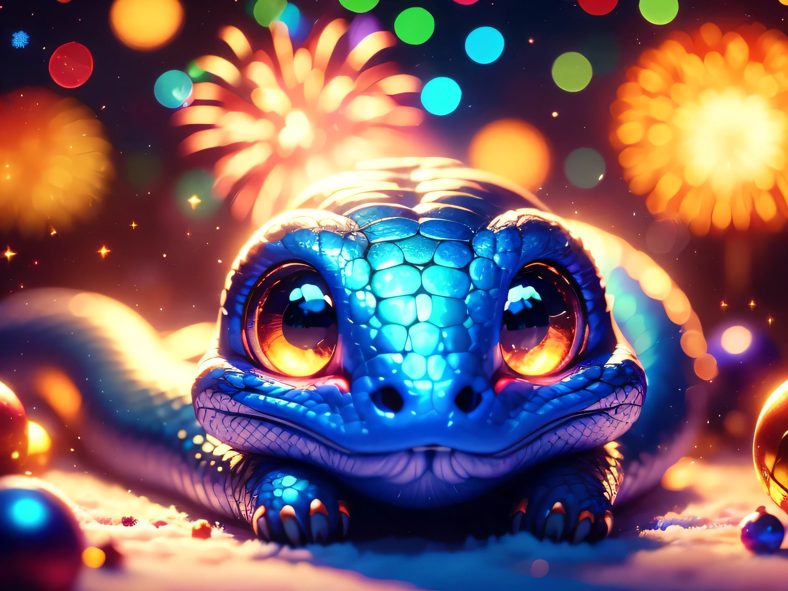 Magical Fantasy Creature, (Best Quality, Masterpiece, Representative Work, Official Art, Professional, Super Detailed, 8k:1.3), (Photorealism:1.2) Hyperrealistic fantasy art. Medium shot. Highly textured, hyperrealistic 3D render, Super Cute, A very cute little snake, curved in an "S" shape, with brightly colored scales. It wears a Santa hat on its head, giving it a playful and festive look. The snake sits on a snowy surface, its head raised, looking with delight at the sparkling fireworks exploding in the Christmas sky. The snake's eyes are large and full of admiration, reflecting the lights of the fireworks. in a bright and cheerful illustration style, with an emphasis on the cute features of the snake. rich and cheerful colors for the scales: a combination of green, red and white. The fireworks should be bright and varied, including gold and silver tones, creating a festive atmosphere. Convey a sense of joy and magic. The snake should look happy and excited, so that the viewer feels the atmosphere of the New Year holiday and magic. The background should be a night sky filled with bright fireworks that sparkle and develop in various shapes. Add snowdrifts and a few decorated Christmas trees to create a cozy and festive atmosphere. Soft focus with a soft volumetric glow. Gouves style artwork, Realism: 1.37, (super fine fantasy art), Masterpiece, high quality design and accurate physics, (super accurate fantasy style)) art, dark fantasy style)), super accurate design and accurate physics), color, depth of field, shadows, ray tracing, (accurate simulation of the interaction of light and materials)], intricate Christmas decorations, glowing garlands, sparkling ornaments, natural light, soft background, photorealistic, sparkling eyes, sharp focus, glowing skin, cute and mischievous look, hint of mischief, dreamy atmosphere, super glossy effect, fine details, soft ambient light, (Backlight: 1.3), (Cinematic: 1.2), intricate details, (ArtStation: 1.3)