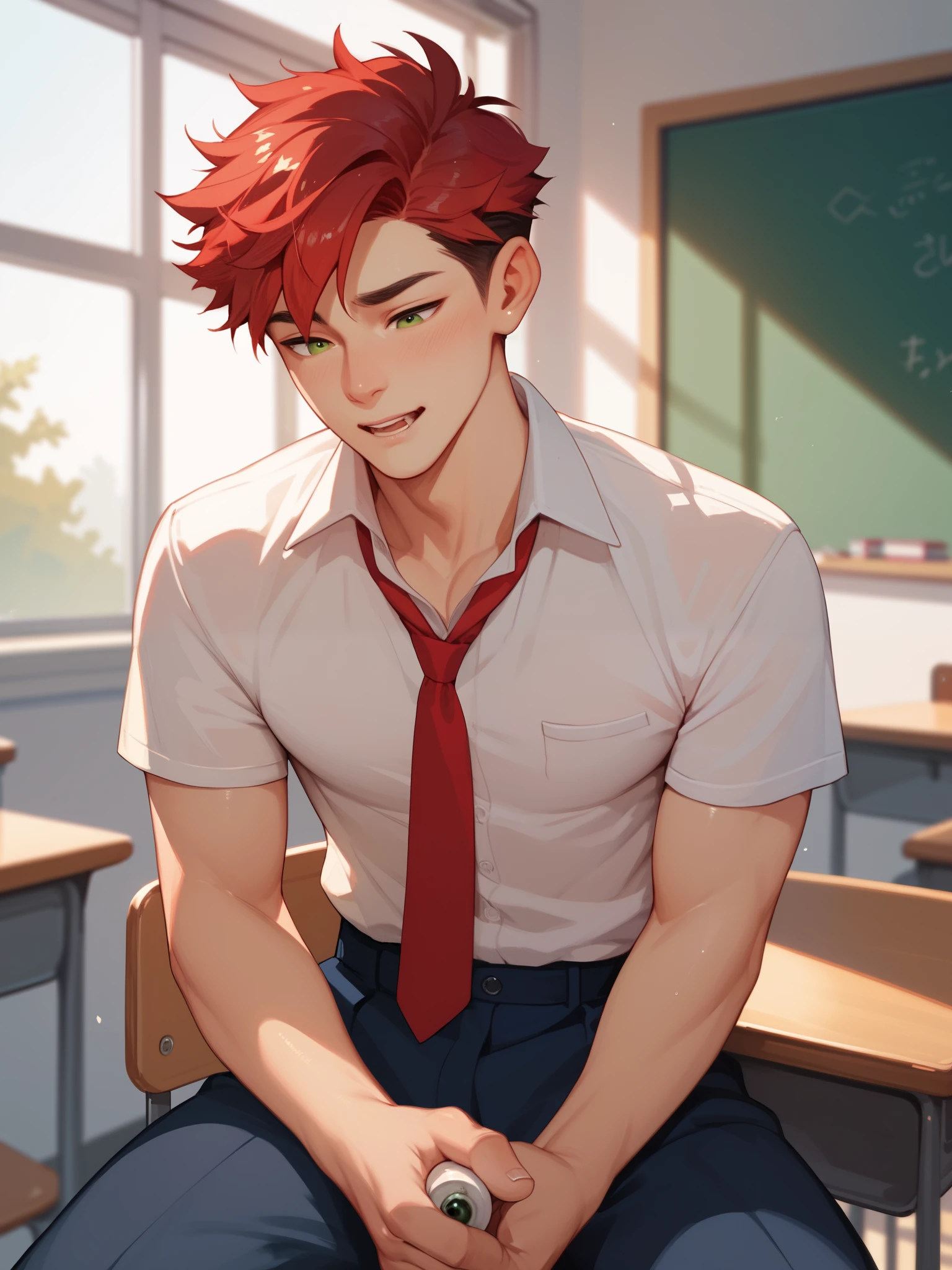 Cute Asian boy naked masturbating in classroom  Red hair green eyes 