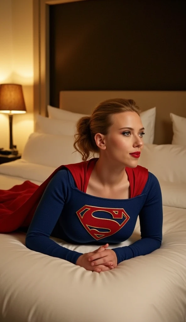  Scarlett Johansson dressed in a sexy supergirl outfit, smiling, lying in a sensual pose on a hotel bed