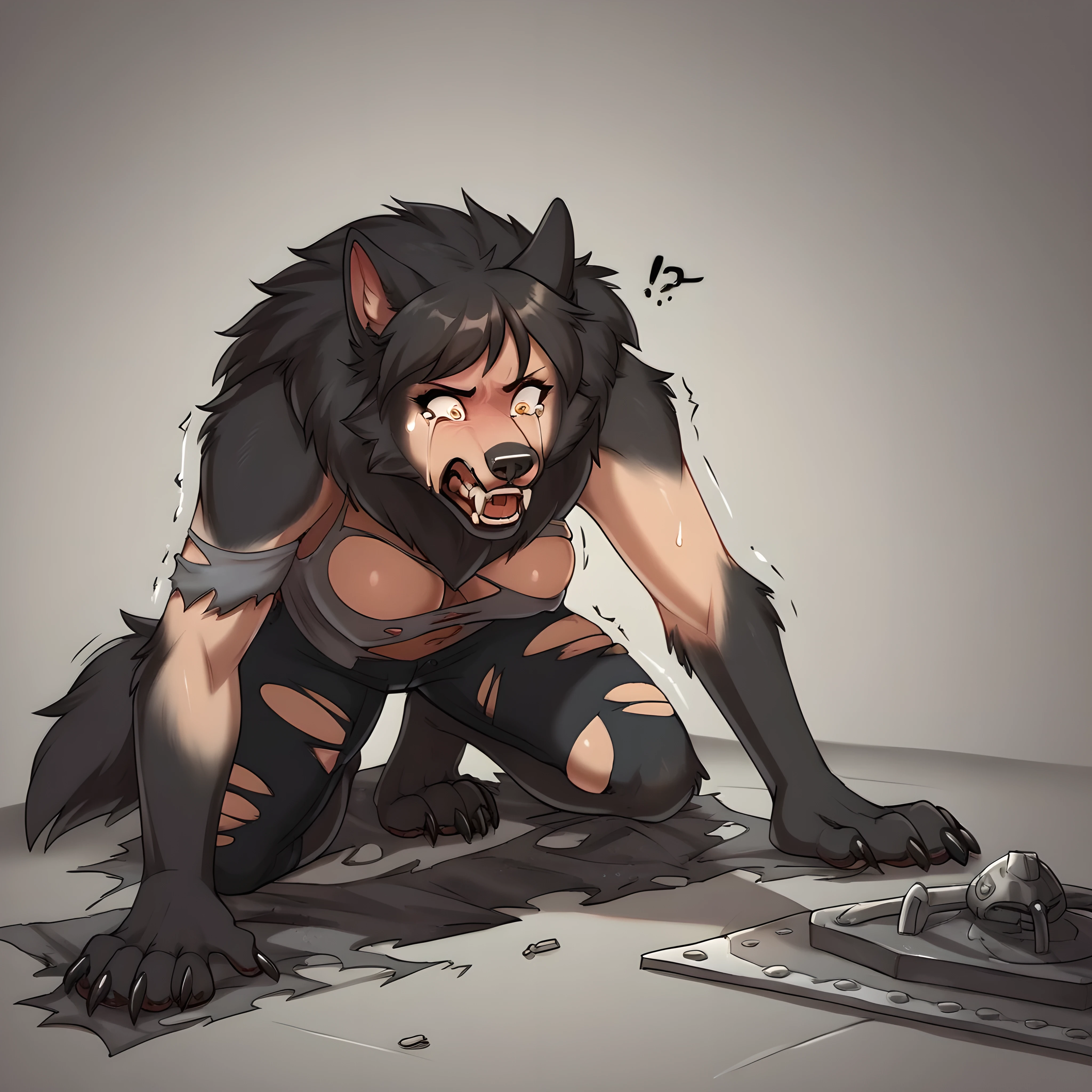 Werewolf transformation, human:1.3, [human: wolf:0.8], [arms: paws:0.8], fangs:0.8, female, [human skin: fur: 0.6], [human face: snout:0.4], wolf nose, detailed fur, shaking:0.9, crying, sweating, slobbering:1.2, in pain:0.8, scared:0.8, confused:0.8, torn clothes:1.1, deep night, darkness, (illustration, masterpiece, fantasy, deep shades, ultra detailed)