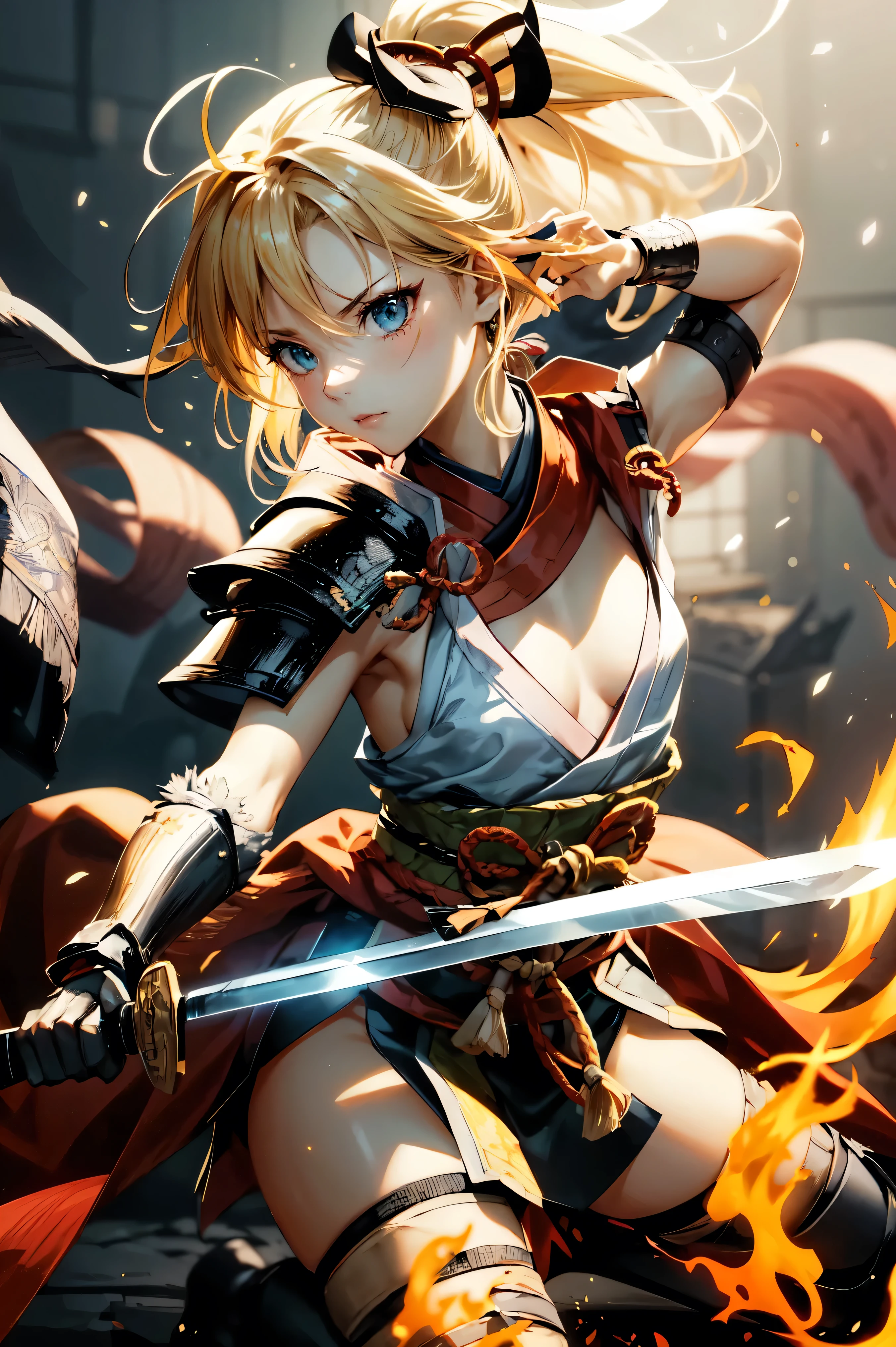 One Girl,anime,Anatomically correct, A series of character actions,,ponytail, masterpiece, Textured Skin, Action Painting, Heavy makeup, Brown Skin,Perfect Face,Perfect Eyes,Samurai,samurai,Sengoku Warlordsの鎧,Waist Armor,A blow with a sword,Small breasts,Thin thighs,Combat with enemies,Calm expression,Flame Attribute,Yellow Hair,Sengoku Warlords,Battle of Sekigahara,Glowing sword effect