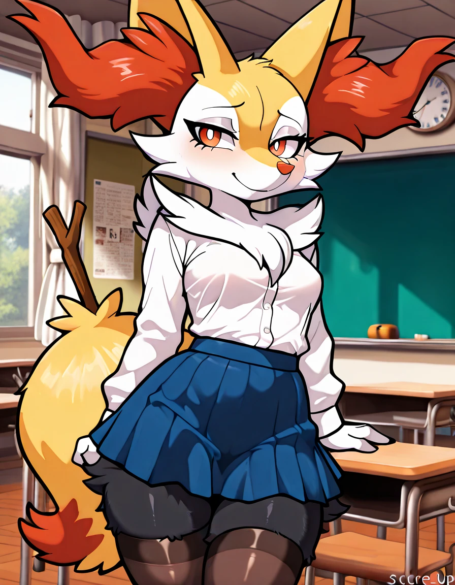 ( highly detailed ) Hot young furry anime anthro fur anthropomorphic score_9, score_8_up, score_7_up, source_furry, (detailed eyes, beautiful eyes, black pupils, pupils)1.2, (beautiful, detailed background, very aesthetic, digital artwork, digital art, well shaded artwork, depth)1.2, 1girl, female, furry, anthro, braixen, fluffy, detailed fluffy fur, classroom setting, student attire, schoolgirl, blue skirt, white blouse, stockings, clothed, clothing horny view ass is big her breasts big HD real photo 8K she shaped her waist thin she looks very young her chest is very big she curves her face looks very young and thin she looks young