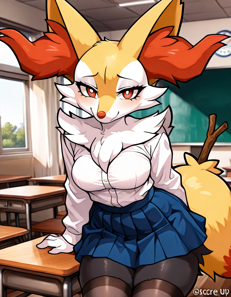 ( highly detailed ) Hot young furry anime anthro fur anthropomorphic score_9, score_8_up, score_7_up, source_furry, (detailed eyes, beautiful eyes, black pupils, pupils)1.2, (beautiful, detailed background, very aesthetic, digital artwork, digital art, well shaded artwork, depth)1.2, 1girl, female, furry, anthro, braixen, fluffy, detailed fluffy fur, classroom setting, student attire, schoolgirl, blue skirt, white blouse, stockings, clothed, clothing horny view ass is big her breasts big HD real photo 8K she shaped her waist thin she looks very young her chest is very big she curves her face looks very young and thin she looks young