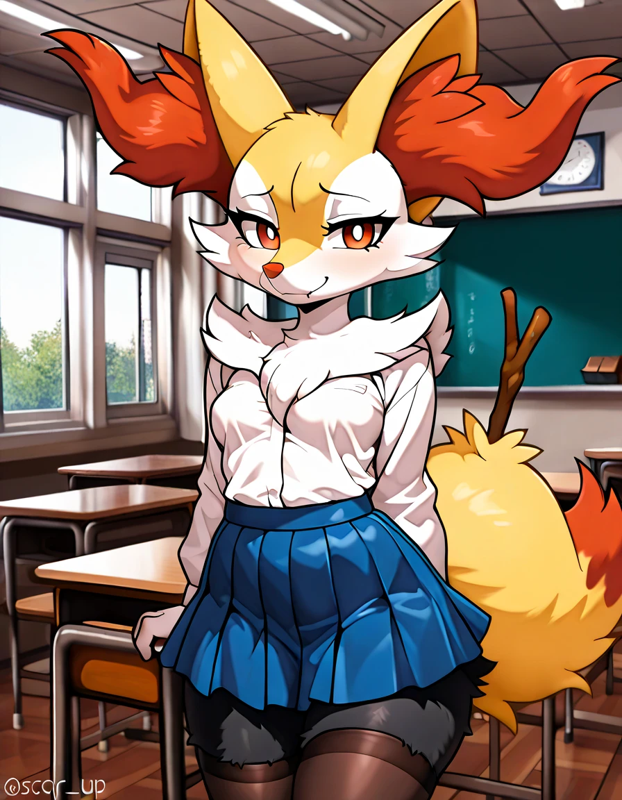 ( highly detailed ) Hot young furry anime anthro fur anthropomorphic score_9, score_8_up, score_7_up, source_furry, (detailed eyes, beautiful eyes, black pupils, pupils)1.2, (beautiful, detailed background, very aesthetic, digital artwork, digital art, well shaded artwork, depth)1.2, 1girl, female, furry, anthro, braixen, fluffy, detailed fluffy fur, classroom setting, student attire, schoolgirl, blue skirt, white blouse, stockings, clothed, clothing horny view ass is big her breasts big HD real photo 8K she shaped her waist thin she looks very young her chest is very big she curves her face looks very young and thin she looks young