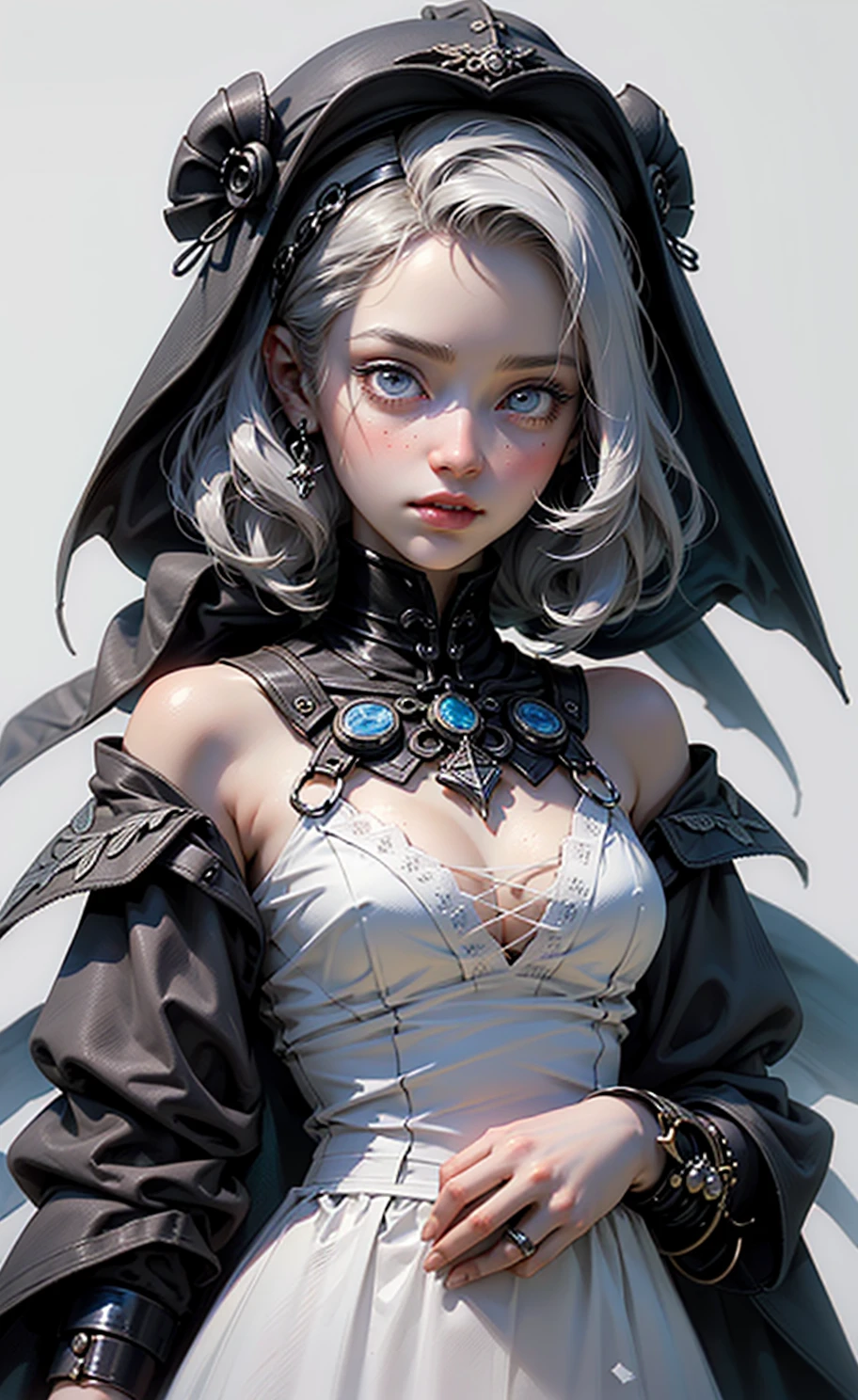 (((masterpiece, of the highest quality, super detailed))), (a witch belonging to an occult order of knights), (a knight crossed with a witch), Victorian era inspired, ((minimal but intricate beautiful armour)), Fluttering lace flared dress with frilly petticoats, ((nier automata meets bloodbourne)), ((((Highly detailed face))), (((Very sharp focused eyes))), very long eyelashes, small breasts, (((flat chest:1.1))), occult aesthetic, (red and white clothing detailed and intricate steampunk and detailed gothic), (with a hood), complex lace boots,