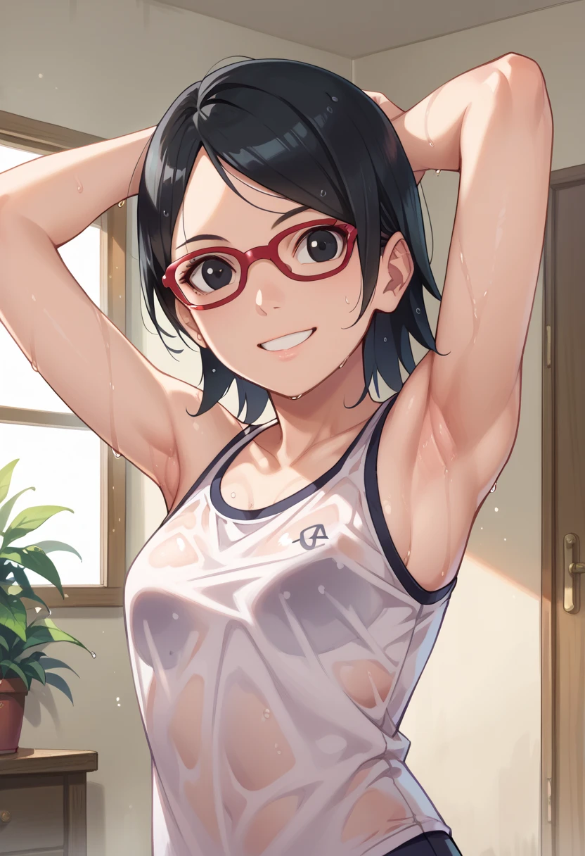 1girl,,hughres, sarada,short hair,red frame glasses,black eyes,black hair , smiling, brow ,smile,,room,Armpit,Armpit wrinkles,Arms up,Stretch,, wet. 