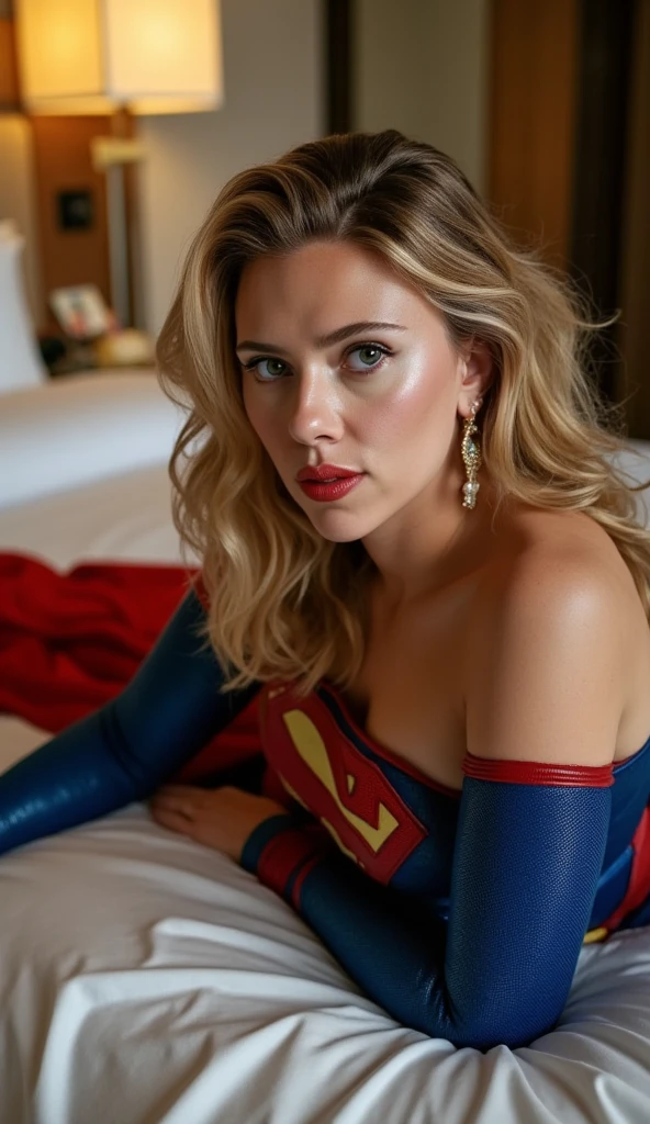  Scarlett Johansson dressed in a sexy supergirl outfit, smiling, lying in a sensual pose on a hotel bed