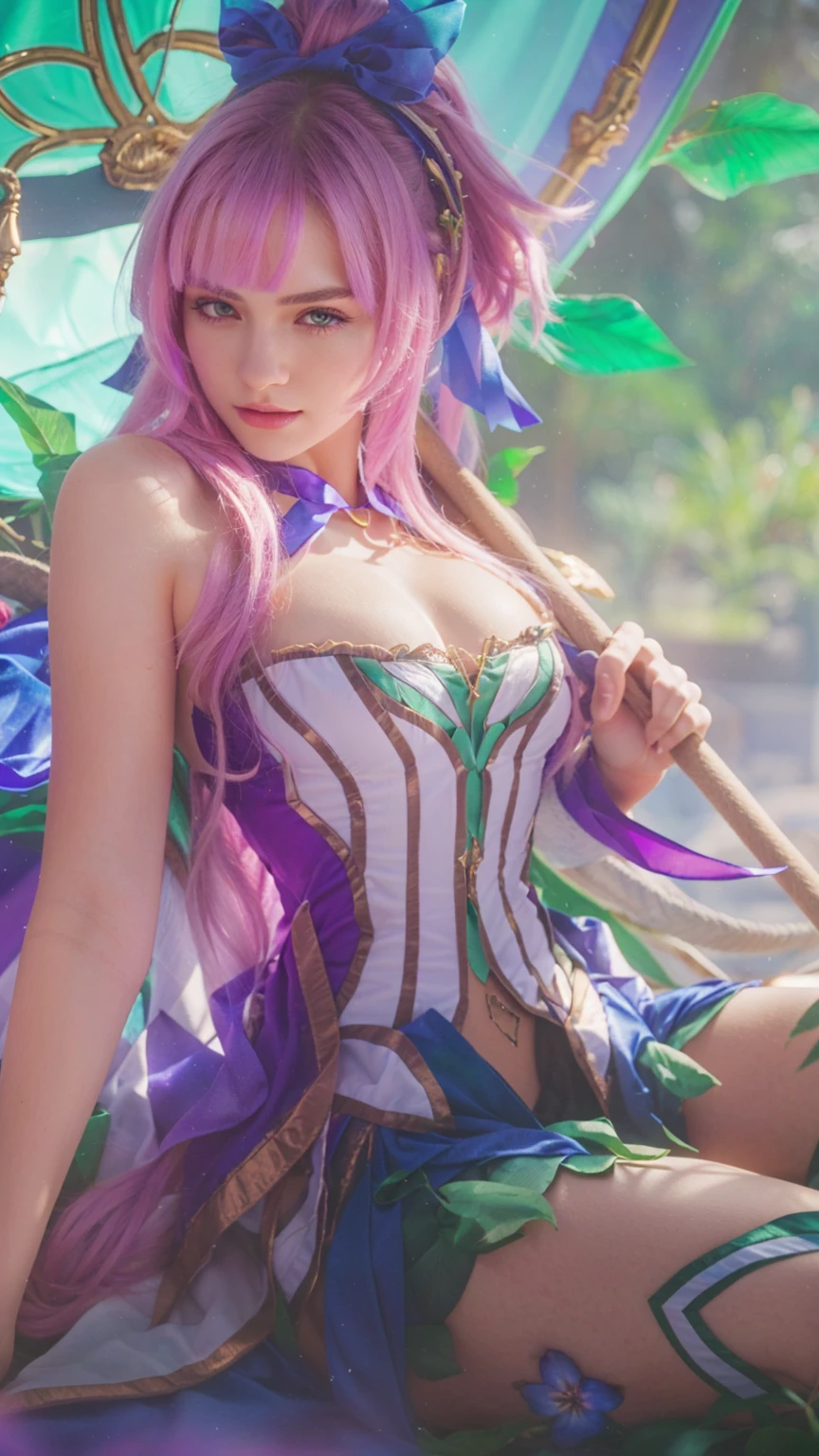 (photorealism, best quality, wallpaper in 8k ultra detailed),(perfect anatomy), a beautiful elf-fairy with multicolored hair, bright wings and detached elf ears, tattooed, sweaty, in a lake of hot springs, lush scenery with bioluminescent fauna