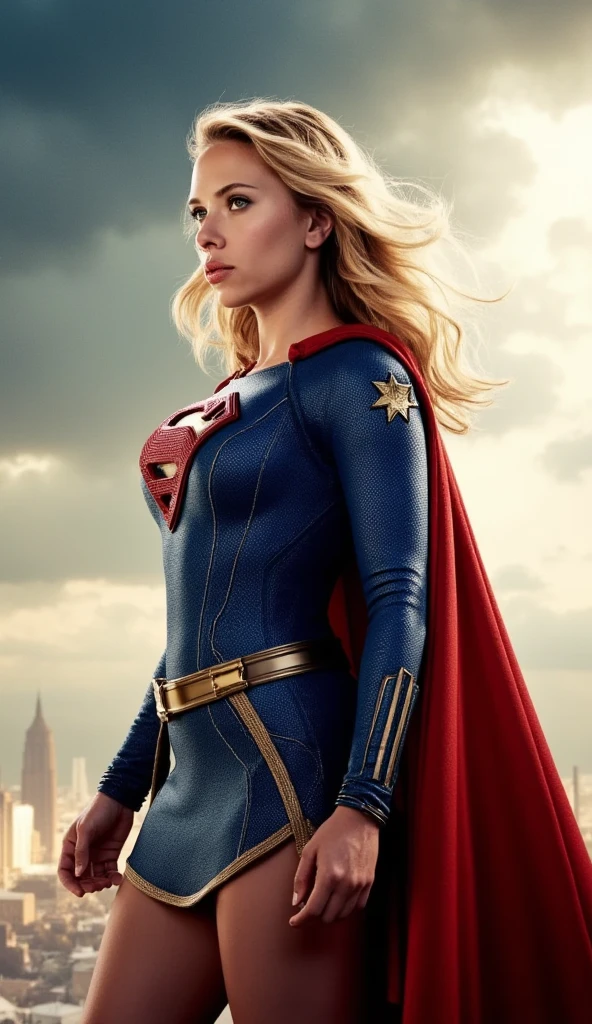 Scarlett Johansson dressed in a sexy supergirl outfit in an epic pose