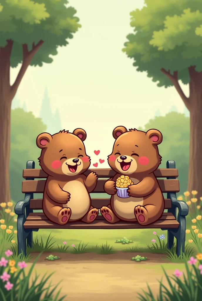 Two little bears in brown cartoons sitting on a park bench, Laughing ...