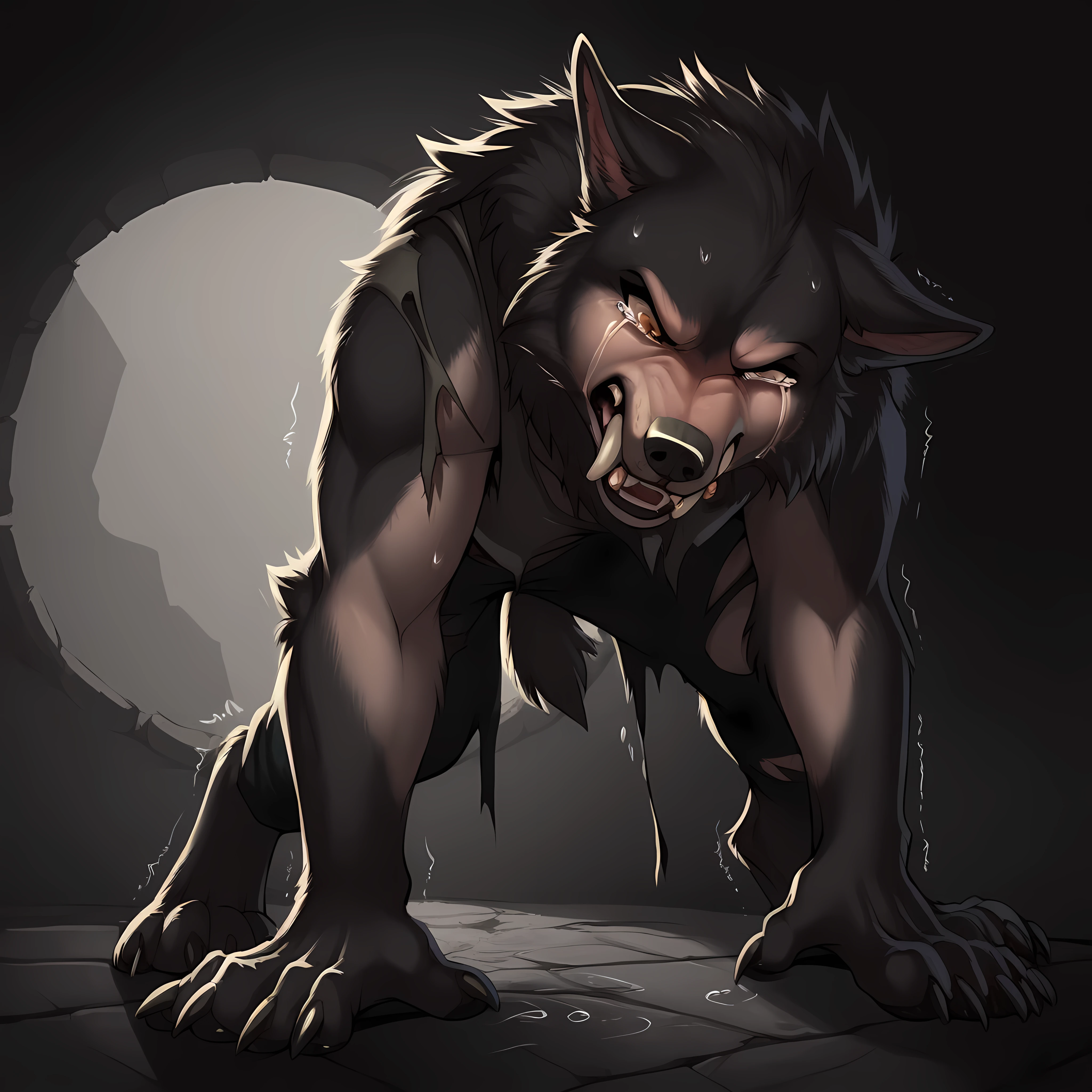 Werewolf transformation, Human:1.3, [Human: wolf:0.8], [weapon: paws:0.8], fangs:0.8,  woman , [Human skin: wool: 0.6], [Human face: muzzle:0.4], wolf nose, detailed wool, it crashes:0.9, cries,  sweating , slobbery:1.2, in pain:0.8, frightened:0.8, embarrassed:0.8,  torn clothes :1.1, DEEP NIGHT, darkness, (illustration,  masterpiece fails, fantasy,  deep shades ,  ultra detailed )