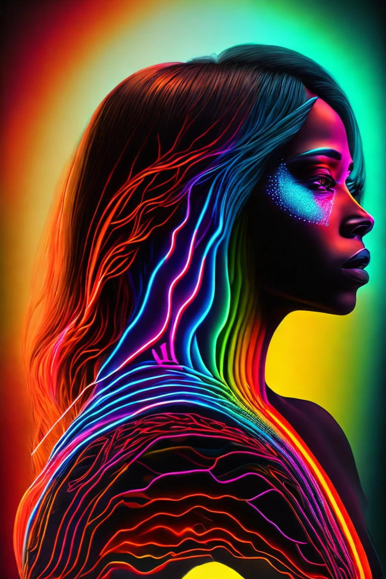 masterpiece, best quality, extremely detailed, hyperrealistic, neon-light-effect, a digital painting of a woman's face, ultra detailed face:1.1, cool neon colors, vector art, psychedelic art, intricate neon circuit pattern, avatar image, shiny hair, neon outlines, art cover illustration, cosmic space background, ethereal atmosphere, cosmical concept, rainbow strings, rainbow skin, rainbow bloody veins growing and intertwining out of the darkness
