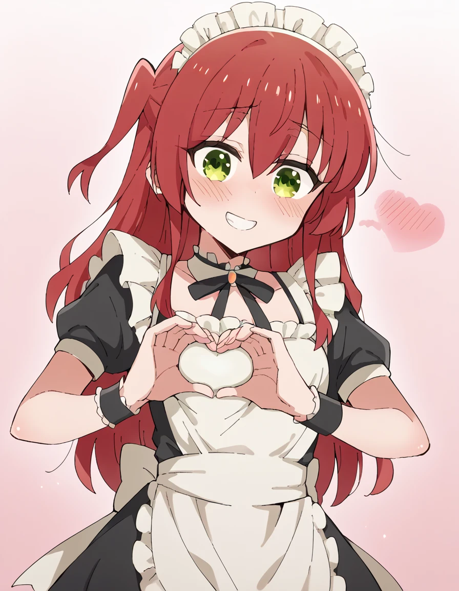 score_9, score_8_up, score_7_up, source_anime, , ikuyo kita, green eyes, hair between eyes, long hair, one side up, red hair,,, heart-shaped boob challenge, moe moe kyun! heart hands, enmaided, maid, maid headdress, apron, maid apron, ,, open mouth, blush, embarrassed, clsoed eyes, smile,, cowboy shot