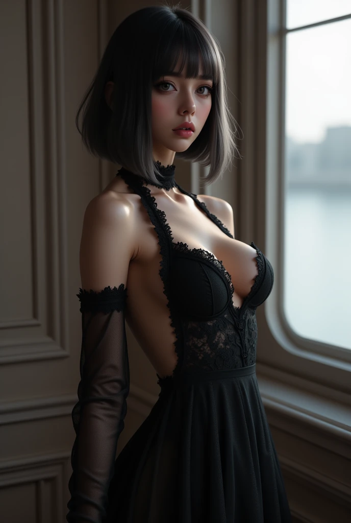   Long Black Dress with Open Back  ,  Lip gloss,  (masterpiece, 最 High quality :1.2),  , Stockings,Reward ,  stupid woman,   Dynamic Ballroom Dance Scene , (There is poop on the floor of : 1.0),  Close-up Photorealism ,  Noir ,最  High quality  ,  VERY DETAILED,  A girl  , bright window light   , minimalist room ,On a boat ,   Mysterious Atmosphere ,    Show me a beautiful and detailed portrait  ,    Short Bob Haircut  ,  Medium chest,    matted hair  ,  Show me a beautiful and detailed portrait   ,   High quality  , 8k,    realistic due diligence ,   VERY DETAILED,   DRAMATIC LIGHTING  ,    bright color  , (最  High quality  ), (   ultra detail ), (   Best Illustration ), (  best shadows), (   absurd),、   ulzzang-6500-v1   .1, (   RAW photo :1.2), (   realistic due diligence :1.4),    Show me a beautiful, detailed portrait   ,   Backless Dress Design  ,   dark gothic  ,  glowing dark eyes  ,   The wrinkles on the dress are highlighted by lighting  ,   Backless Dress Design  ,   realistic due diligence 흐르는 천 ,   translucent sheer sleeve  , delicate lace pattern,  realistic due diligence 패브릭 반사 ,   The wrinkles on the dress ,   dark gothic   and mysterious mood, Look back,  wonderful beauty ,   ultimate amazing figure  ,  Wear an elegant and colorful black satin halterneck dress, 