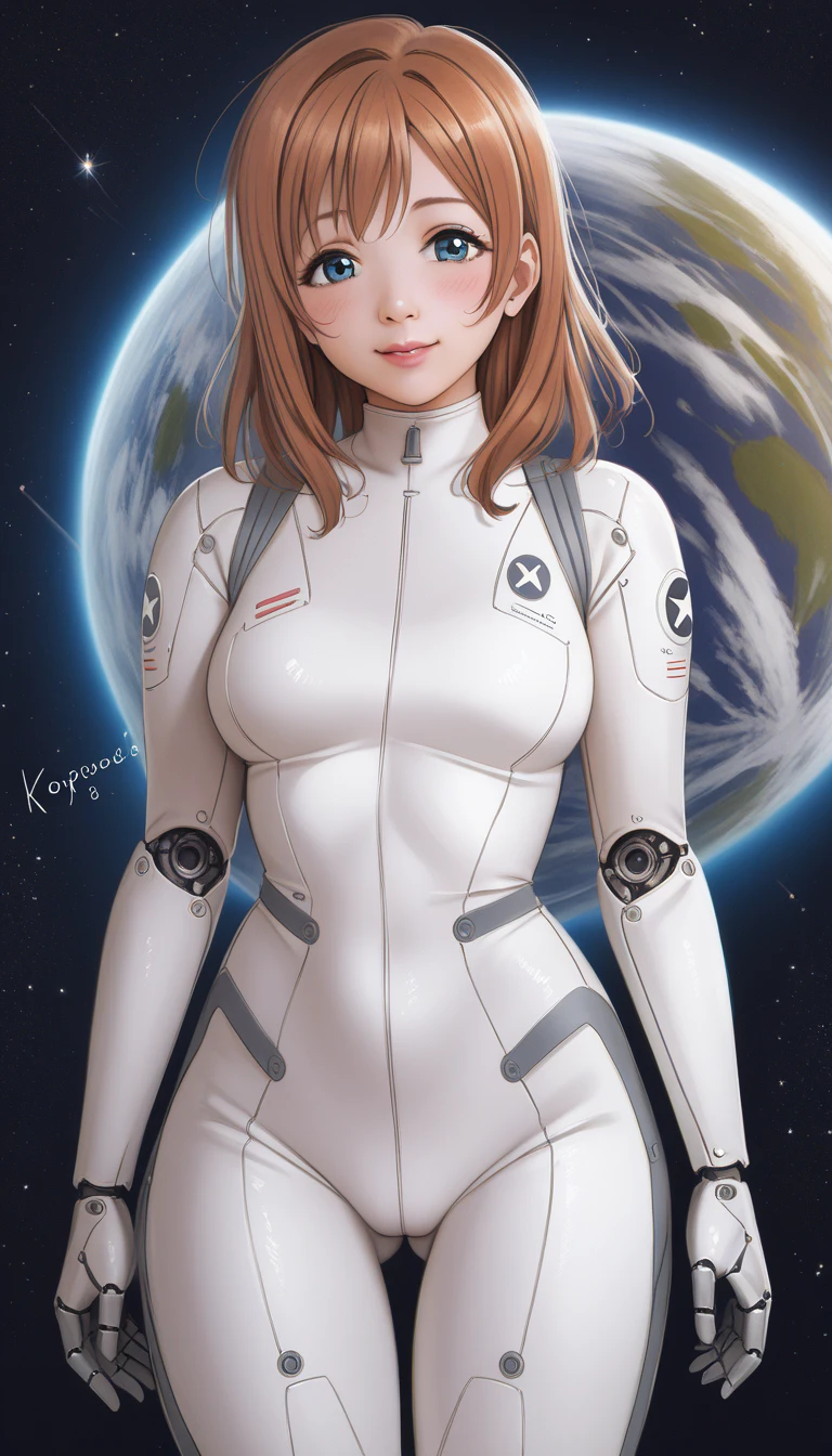 (Masterpiece, Best Quality, High Quality), anime style, love live, honoka kousaka, (blue eyes), brown hair, kousaka honoka, medium hair, 8k wallpaper,looking_at_viewer, perfect shadow, beautiful,cozy , p4l0m4, scientific bodysuit,posing, sharp robotic breasts, thighs,in space ship, gluteal fold