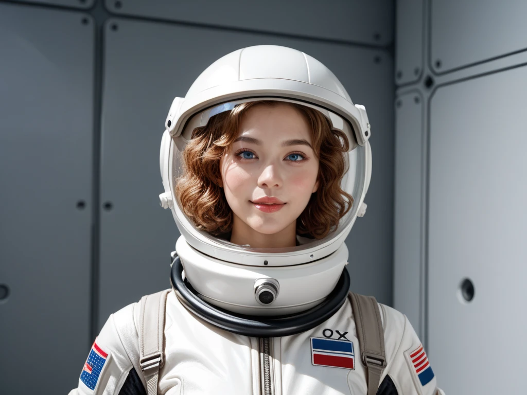 very realistic . Young woman with sexy curly red hair is in a white astronaut suit. His hair is tied up and doesn't spill out of his helmet. The helmet has the visor closed. In the background, about 200 meters away, the sexy young woman finds her spaceship crashed.. The spaceship is broken into two pieces. A 4-wheeled lunar vehicle is in front of the ship but behind the young woman.. Manga drawings .