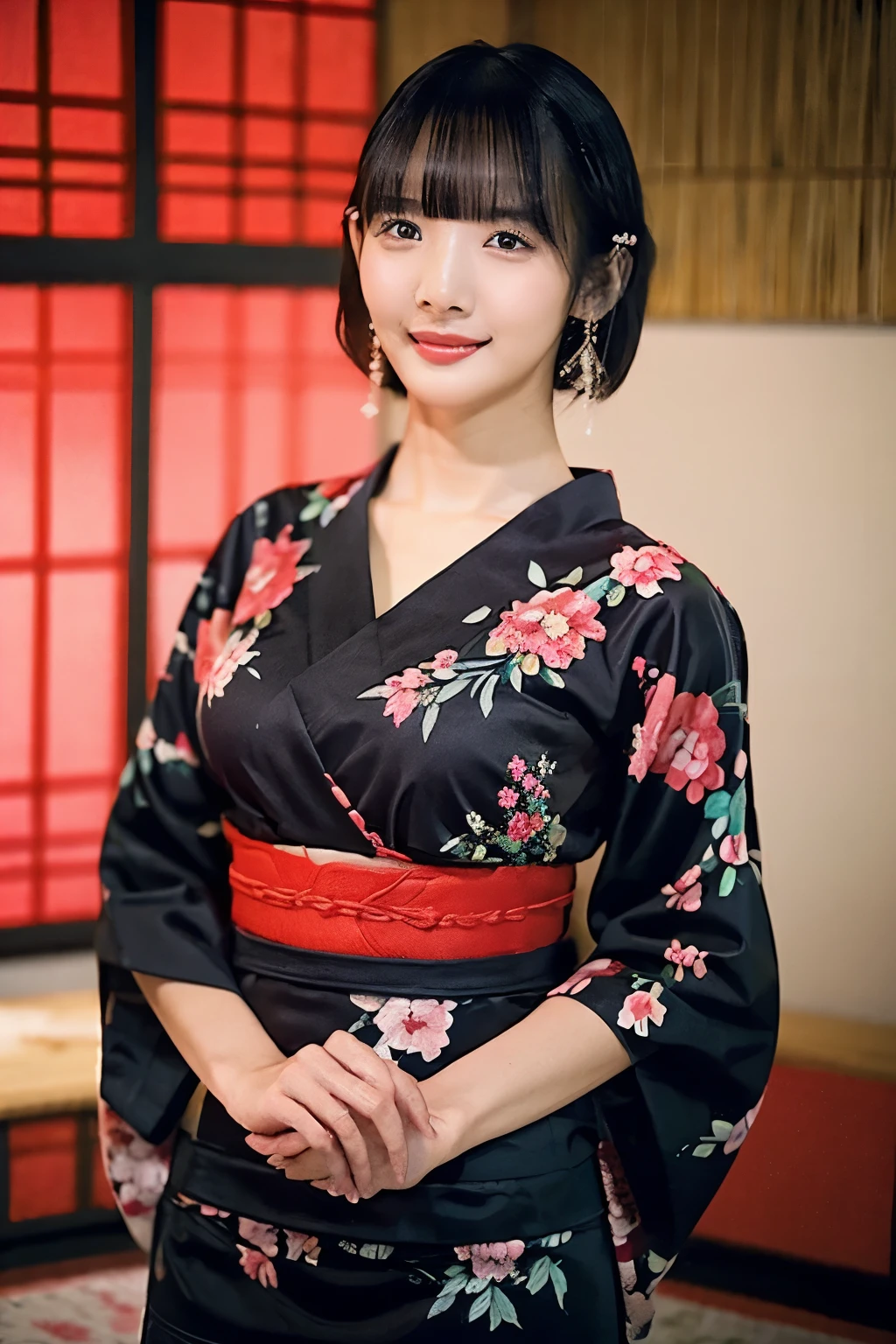  black hair、 short hair、With bangs、Big Breasts、 slim body、Red yukata with floral embroidery、Standing in a Japanese-style room 