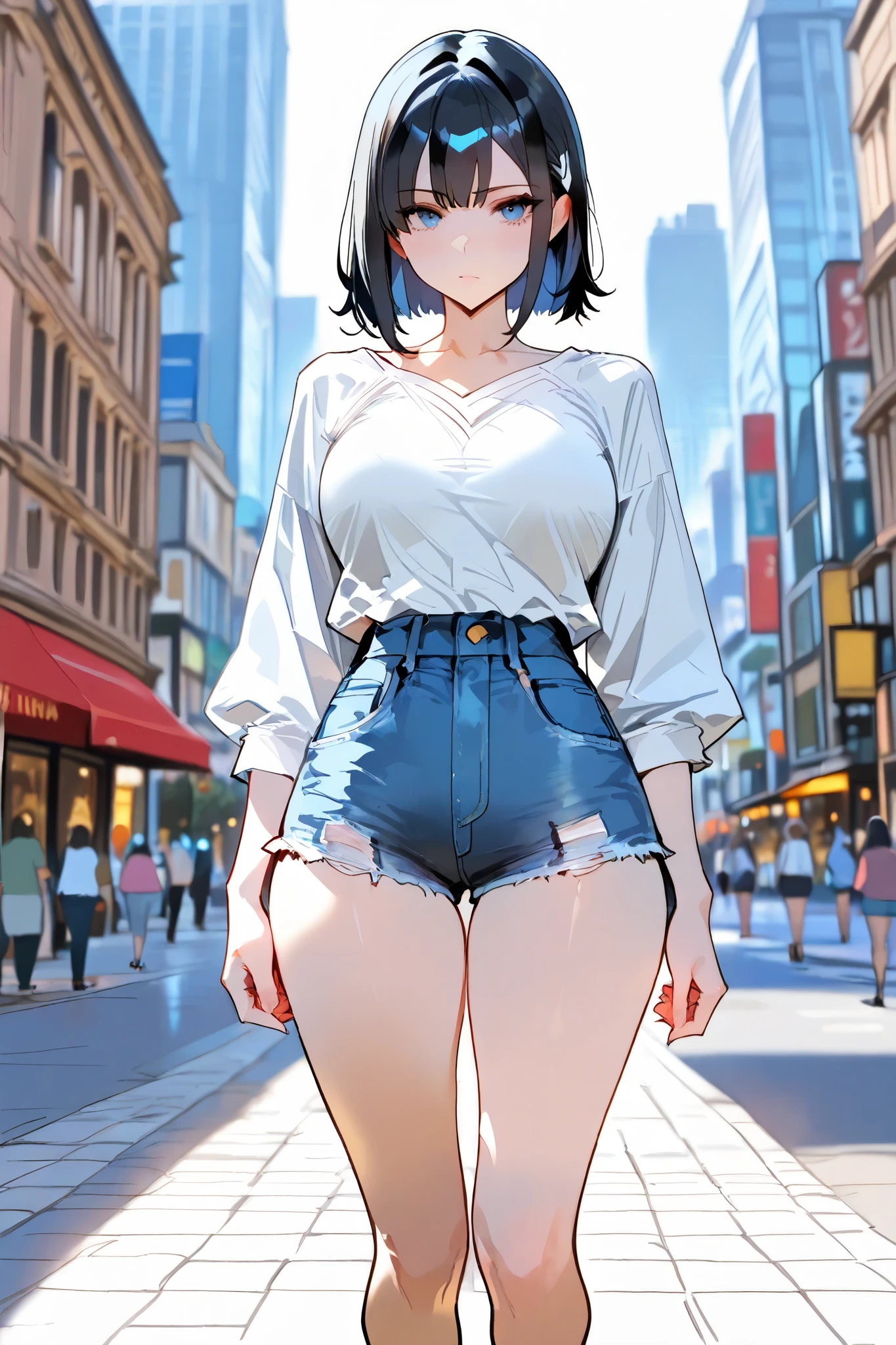1girl, short black hair, blue eyes, wearing plain white shirt, denim shorts, city, absurdres, high res, ultrasharp, 8K, masterpiece, looking at viewer