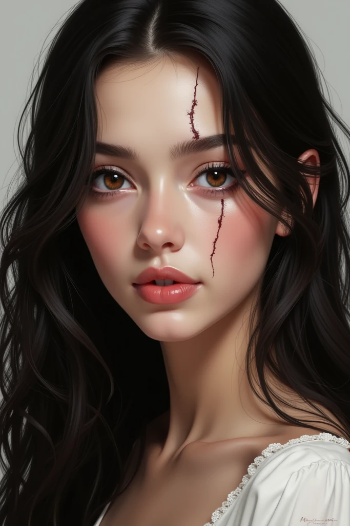 ((masterpiece))), (((best quality))), ((super detailed)), (highly detailed computer illustration), ((extremely delicate and beautiful)), Dynamic Angle, Perspective, High Point,pov(from below:1.4), obscene large smile, drooling 
color paintAn obscure face,sideways glance, (cold attitude,eyeshadow,eyeliner:1.1),(red lips:1.5),watery eyes, makeup smeared,
jewelryearringsarm tattoofull-body tattoo, neck tattoo(long legs:1.3)big breasts,
((((dramatic))), (((gritty))), (((intense)))A shot with tensionVisual impact,giving the poster a dynamic and visually striking appearance, viscerally obsurd, malevolence, nightmarish dreams converge,
Hyperdetailed,  imaginatively exagerated, gothic macbre masterworks of obsurd surrealism. Ominous tone, dreamlike hell trip 
