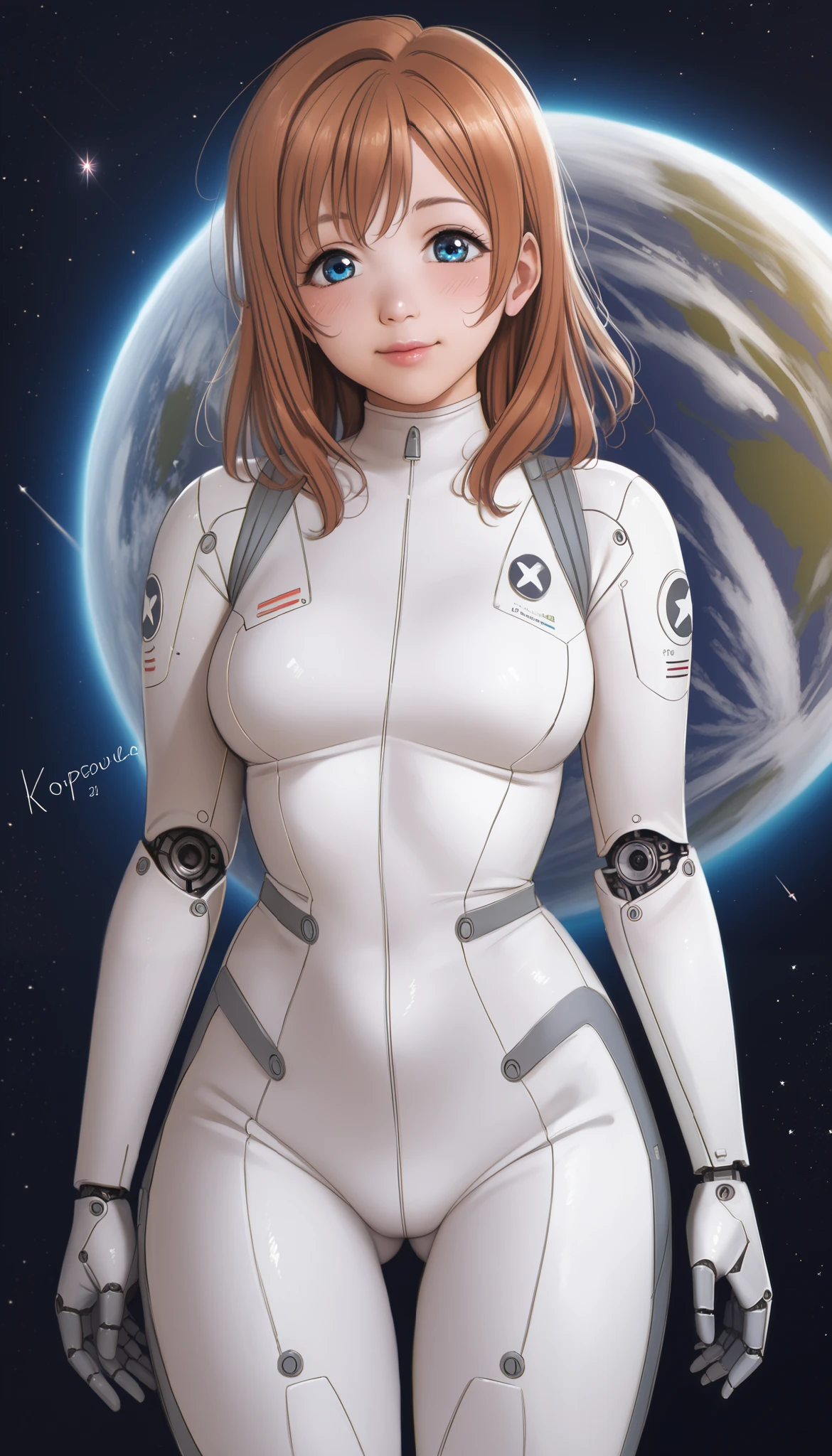 (Masterpiece, Best Quality, High Quality), anime style, love live, honoka kousaka, (blue eyes), brown hair, kousaka honoka, medium hair, 8k wallpaper,looking_at_viewer, perfect shadow, beautiful,cozy , p4l0m4, scientific bodysuit,posing, sharp robotic breasts, thighs,in space ship, gluteal fold