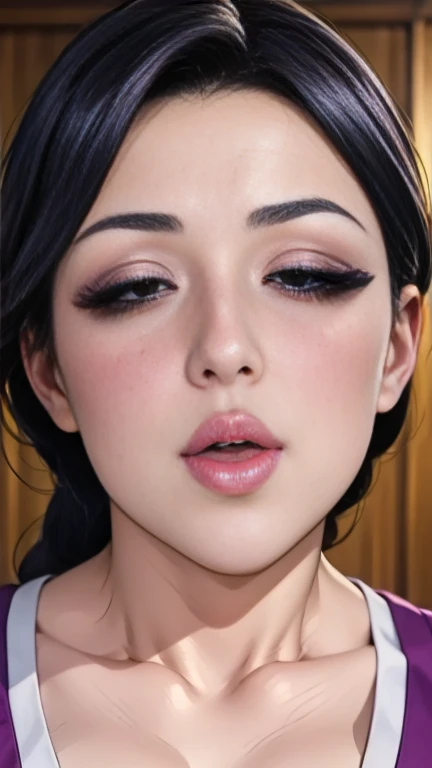 (a masterpiece portrait of a woman with ultra detailed features, in 8K resolution, with crisp quality and vibrant colors),  flat chest, 40-year-old woman、( realistic facial wrinkles:1.4)、Perfect Makeup、 shiny red lips、Thick lips、Clear eyeliner、Dark eyeshadow、long eyelashes、Kissing Face、throw、Chin up、 eyes half open、 open the opening slightly、 off-shoulder t-shirt、