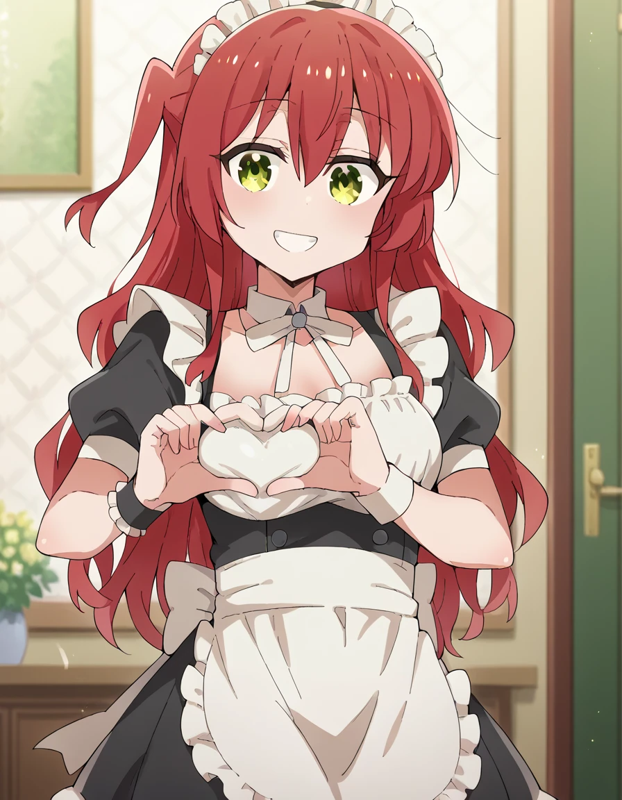 score_9, score_8_up, score_7_up, source_anime, , ikuyo kita, green eyes, hair between eyes, long hair, one side up, red hair,,, heart-shaped boob challenge, moe moe kyun! heart hands, enmaided, maid, maid headdress, apron, maid apron, ,, , , smile,, cowboy shot, indoor