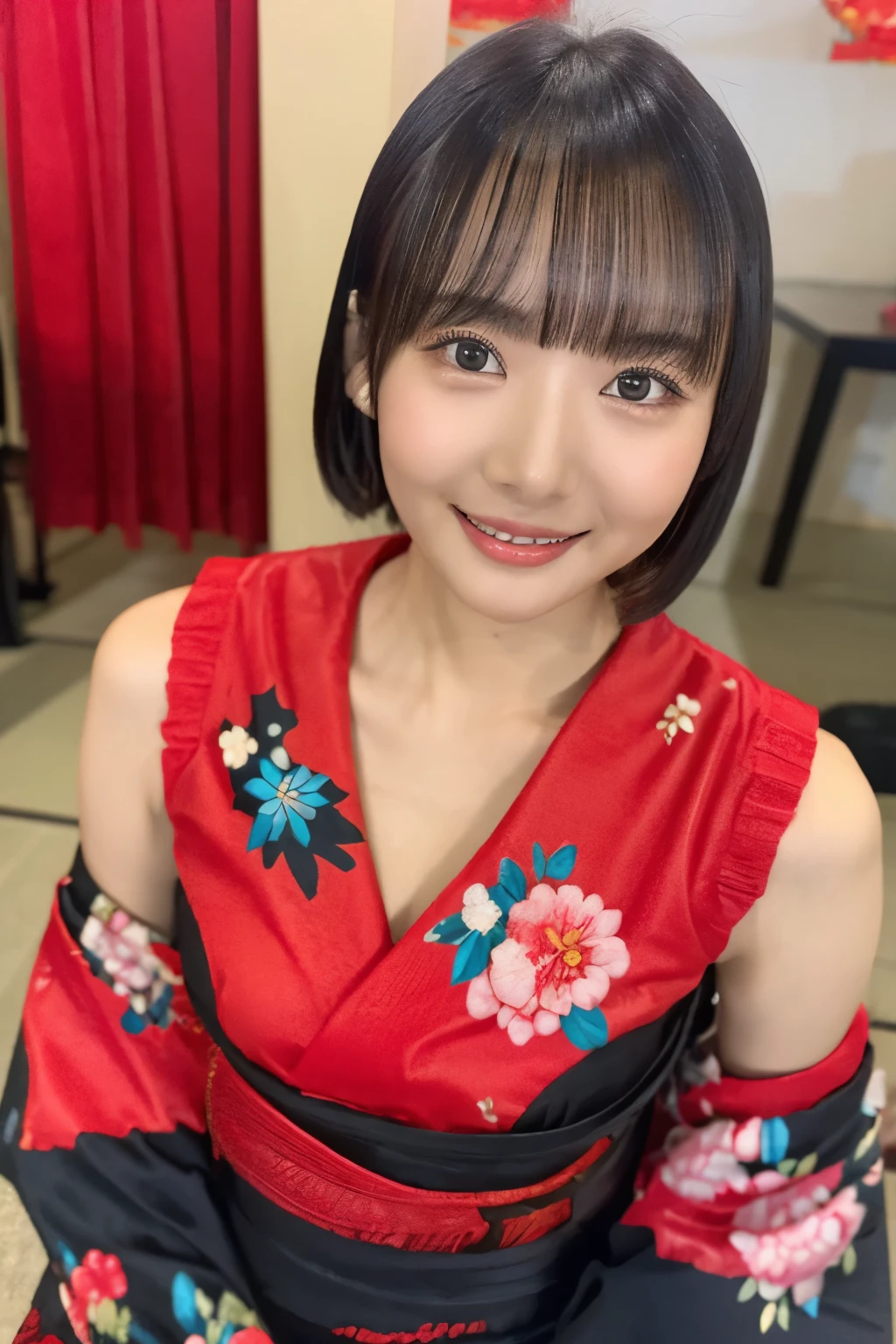 black hair、 short hair、With bangs、smile、Big Breasts、 slim body、Red yukata with floral embroidery、 on her knees with both hands、In a Japanese-style room