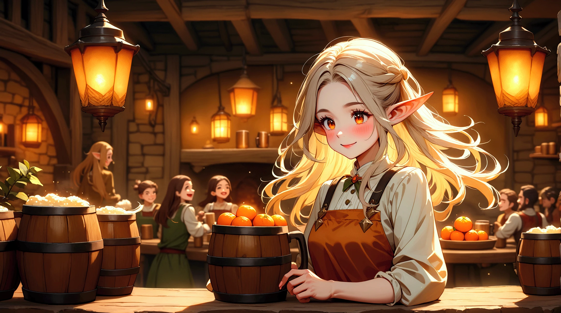 Illustration set in an animated fantasy tavern. The focus is on a cheerful elf waitress, a young lone woman with long tousled hair and pointed ears, dressed in traditional tavern attire. She carries a large tray filled with beer-filled mugs and smiles warmly as she distributes mugs to the various patrons around a round wooden table. In the background, lanterns and a large hearth cast a warm glow, creating a soft, inviting atmosphere. The overall atmosphere is lively yet warm, with soft browns, golds, and oranges blending together to reflect twilight.