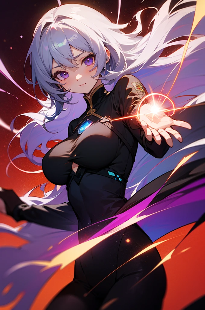 Dark Magician Girl、MKSKS style、独奏、(highly detailed back ground:1.0)、(highly detailed back ground:1.0)、​masterpiece、top-quality、超A high resolution、8K、From  above、break、(1/2 and 1 Gold/2 Silver Hair)、break、Detailed skin、glowy skin、A detailed eye、Blue eyes、looking in camera、Burning cheeks、Grinning、Large breasts、break、(sacred place:1.2)、rainbows、daytime、dynamic ungle