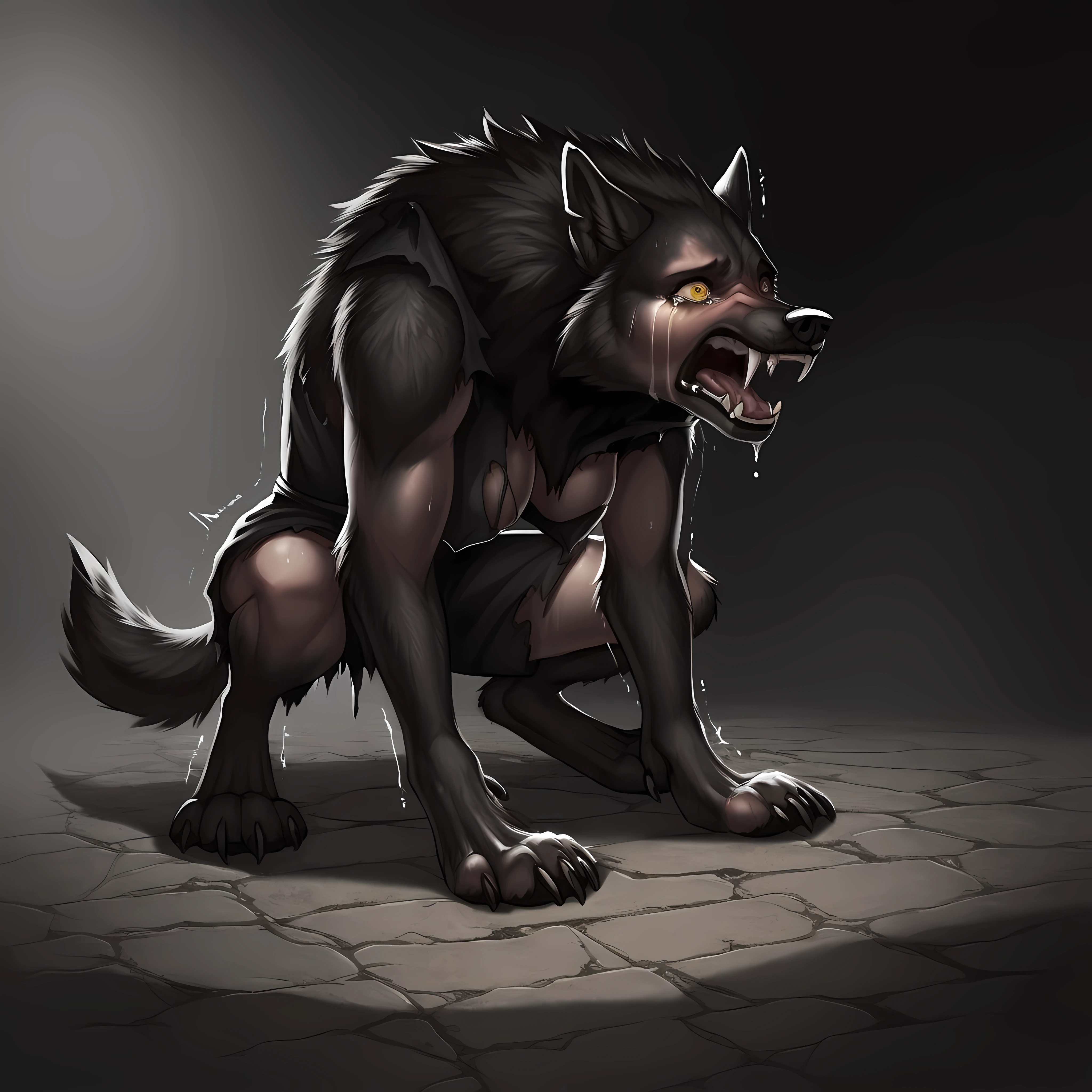 Werewolf transformation, human:1.3, [human: wolf:0.8], [arms: paws:0.8], fangs:0.8, female, [human skin: fur: 0.6], [human face: snout:0.4], wolf nose, detailed fur, shaking:0.9, crying, sweating, slobbering:1.2, in pain:0.8, scared:0.8, confused:0.8, torn clothes:1.1, deep night, darkness, (illustration, masterpiece, fantasy, deep shades, ultra detailed)