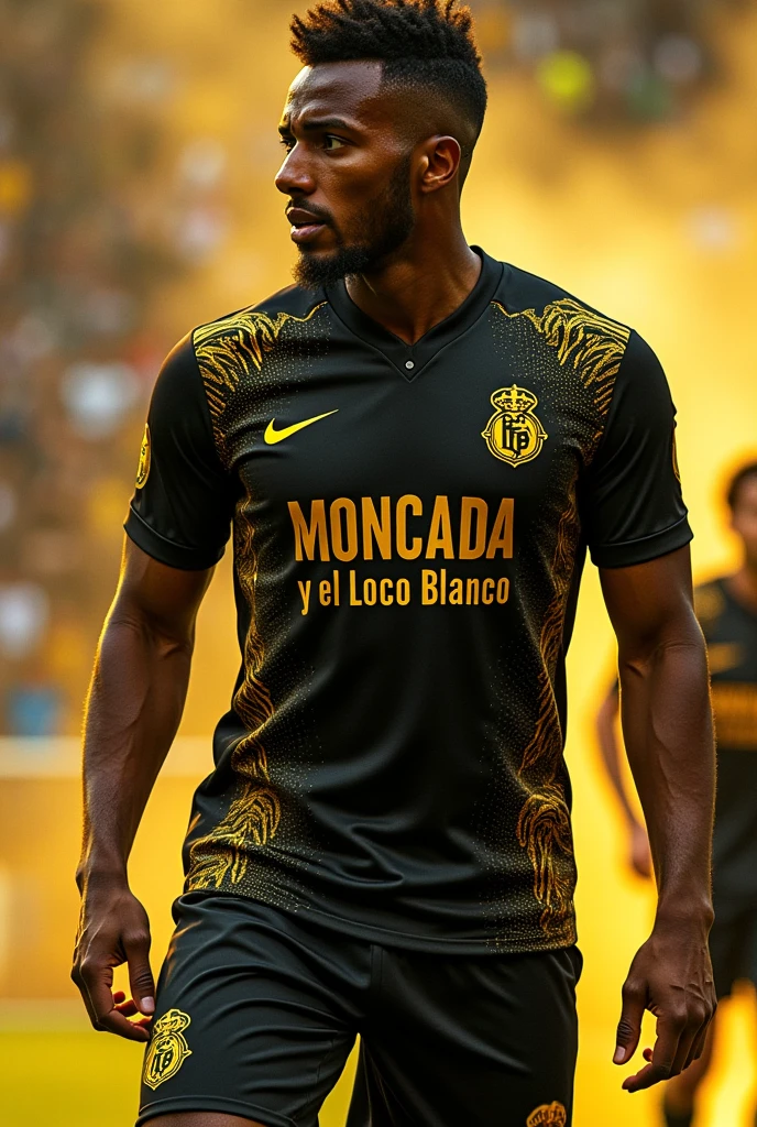Soccer flannel with black background and gold stripes